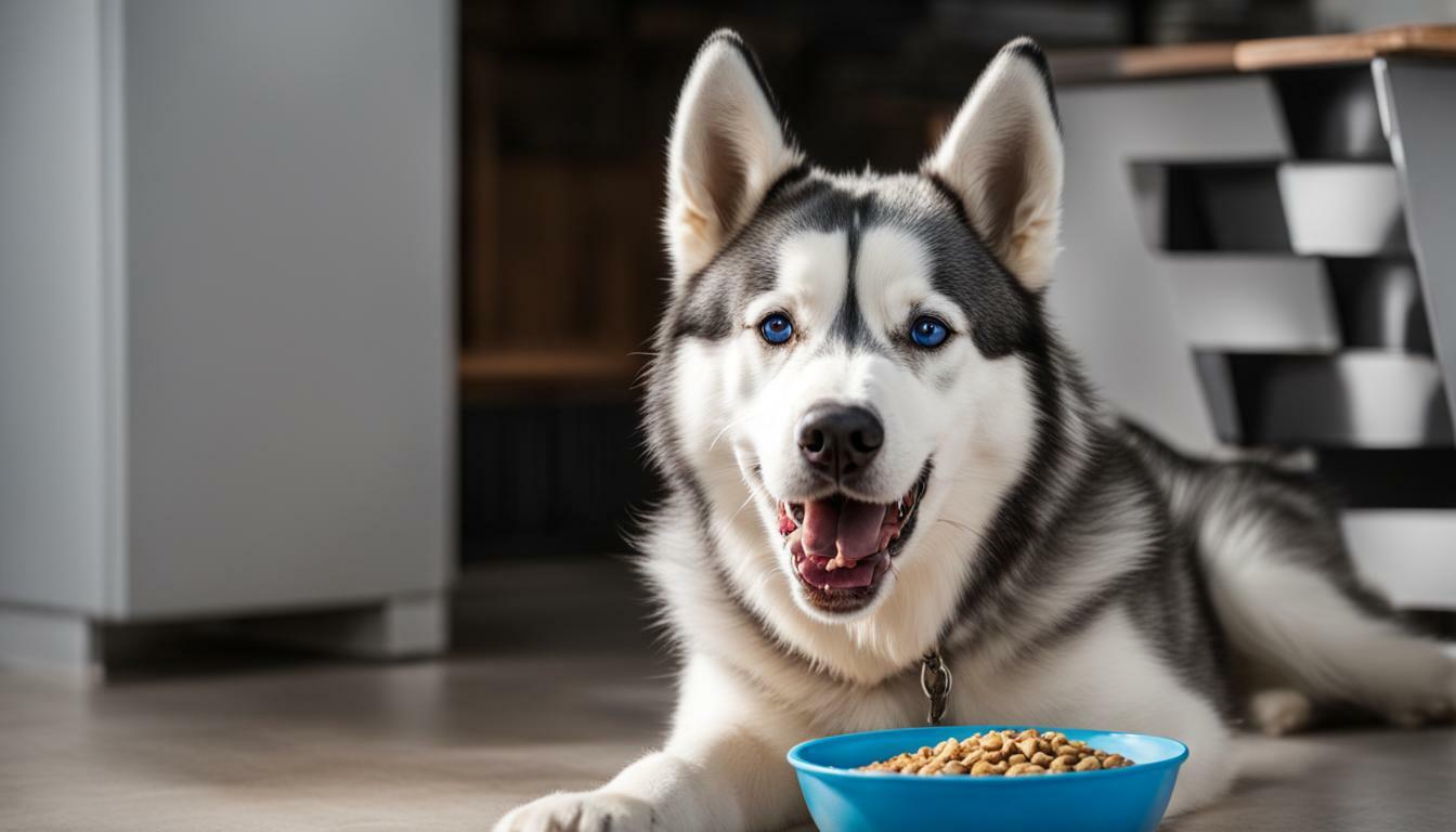 Husky eating a bowl of food