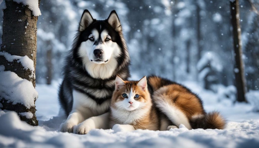 Alaskan Malamute and cat coexistence