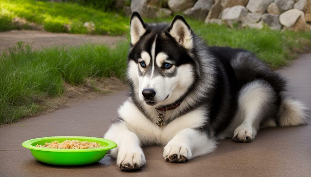 Alaskan Malamute eating from a slow-feeder bowl