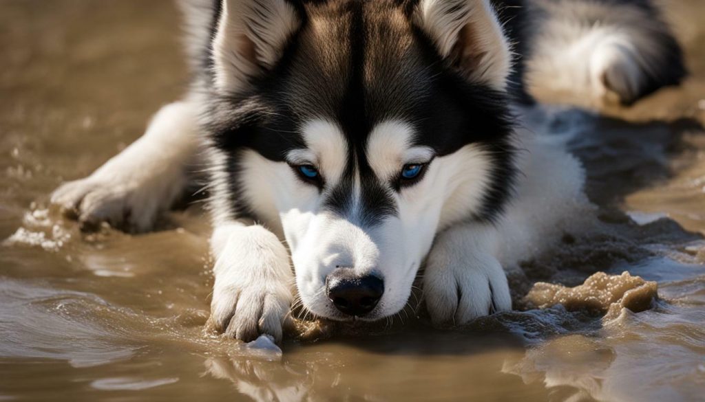 Alaskan Malamute paw being cleaned with the MUDBUSTER Portable Dog Paw Cleaner