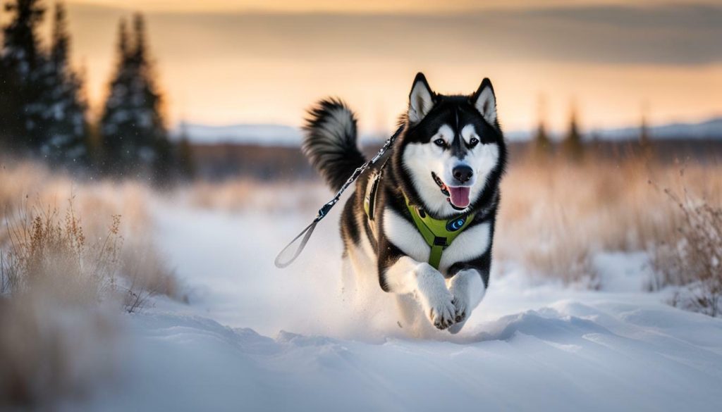 Alaskan Malamute running with a hands-free leash