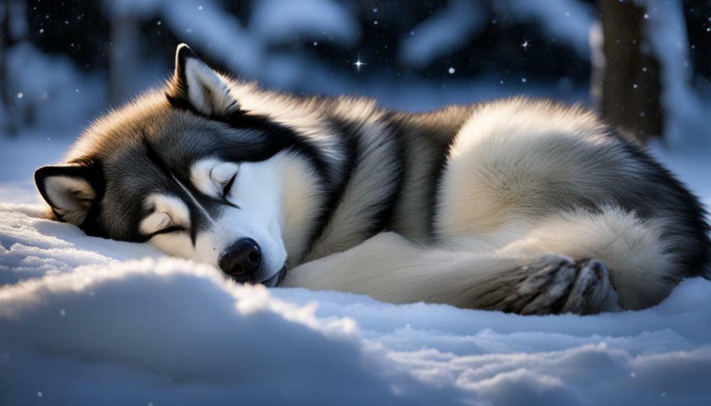 Alaskan Malamute sleeping outside in the snow