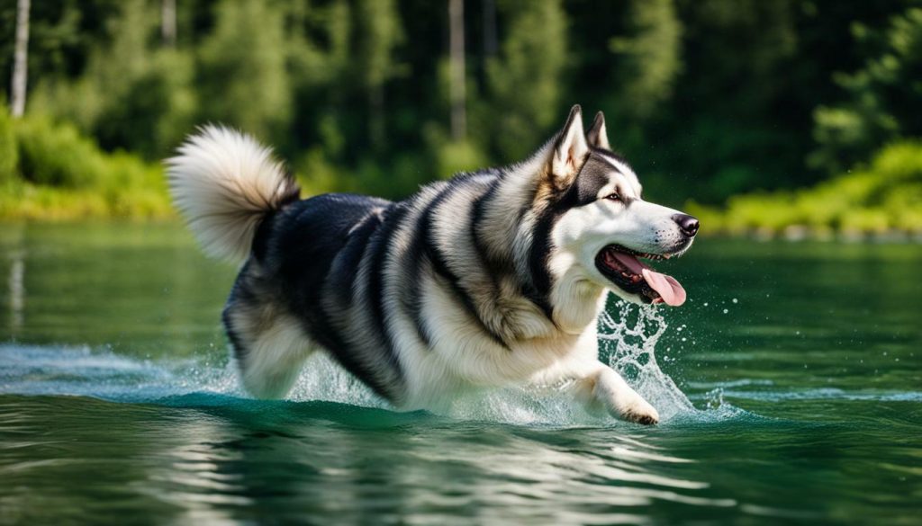 Alaskan Malamute swimming in a lake