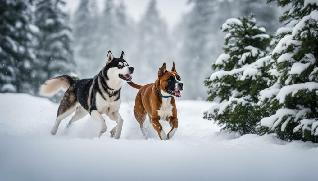 Husky and Boxer playing in the snow