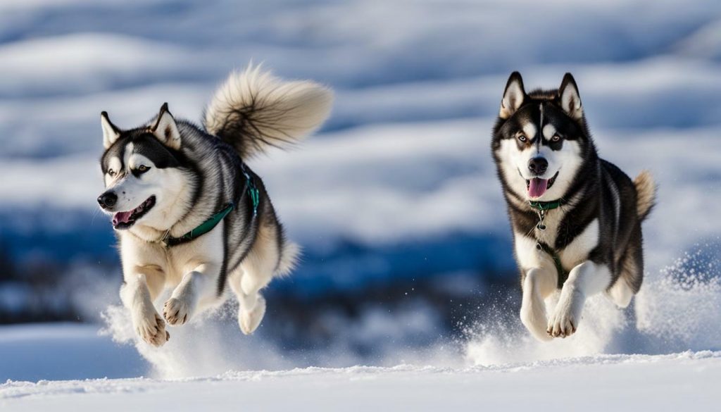 Husky and Malamute running in a snowy landscape