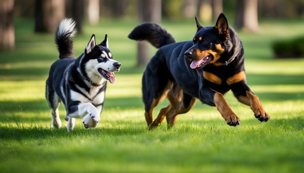 Husky and Rottweiler playing in a park