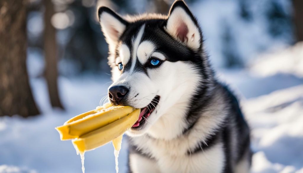 Husky enjoying a frozen banana