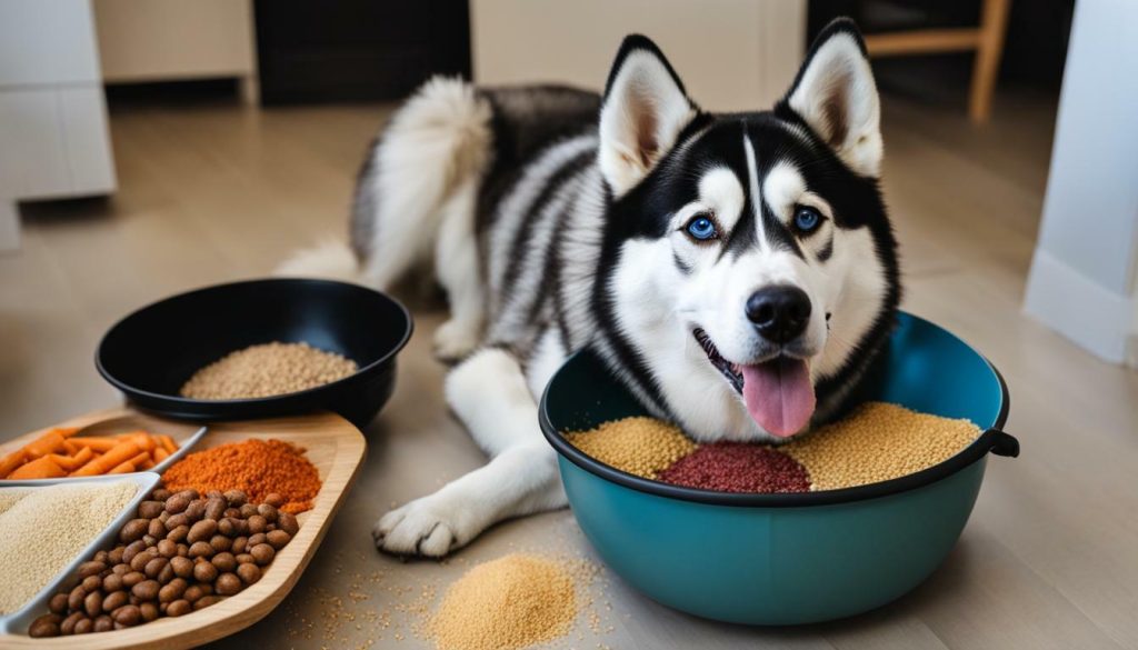 Husky with a food bowl