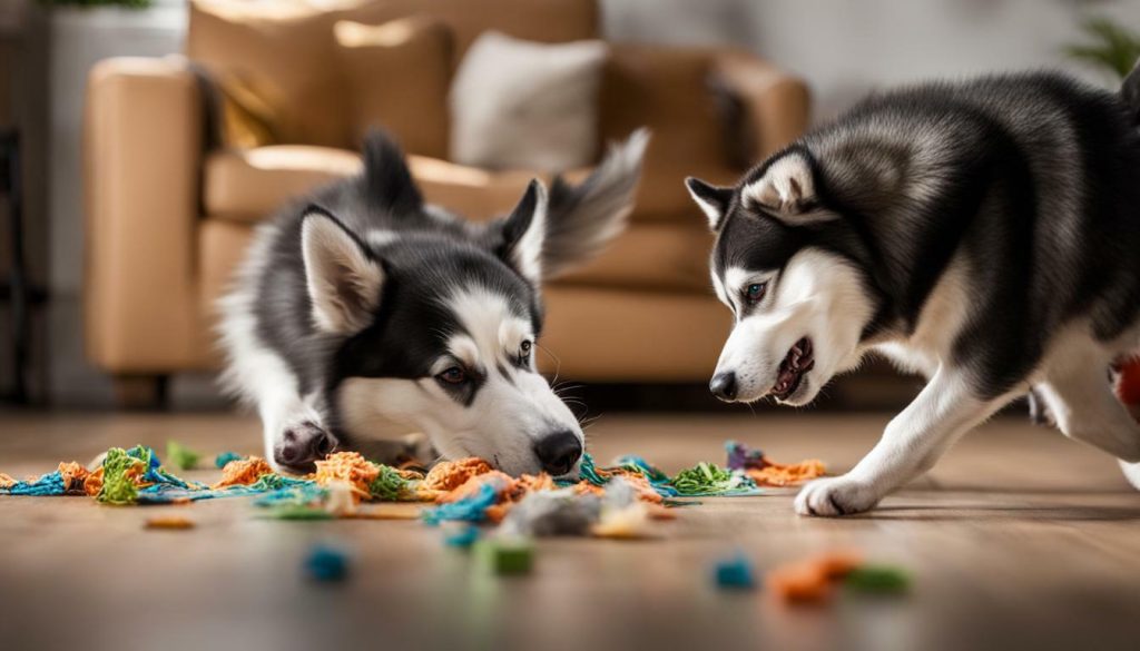 Malamute and Husky engaging in mental stimulation activities