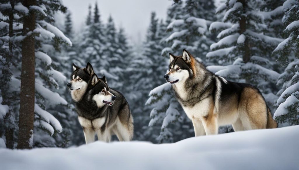 Malamute and Wolf in the snow