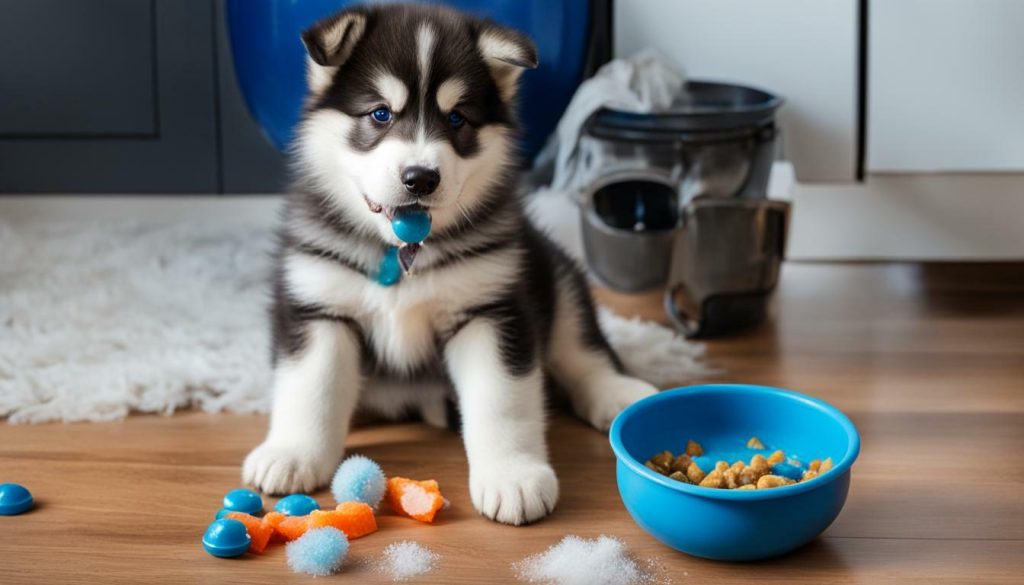 Malamute puppy eating from a bowl