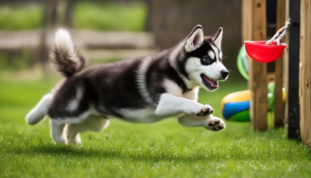 Siberian Husky puppy playing in a secure yard